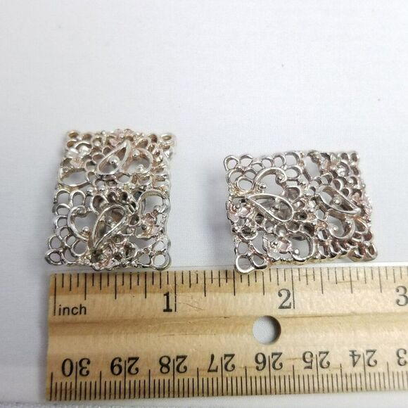 Vintage Emmons EMJ Silver Tone Rectangle Filigree Clip On Earrings, Signed - Picture 5 of 6